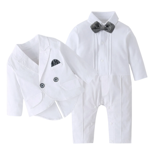 Heirloom Baptism Romper Set – White Baby Formal Suit with Blazer