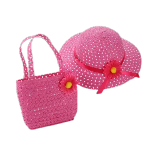 Conjunto de sombrero y bolso de paja de verano para niñas
