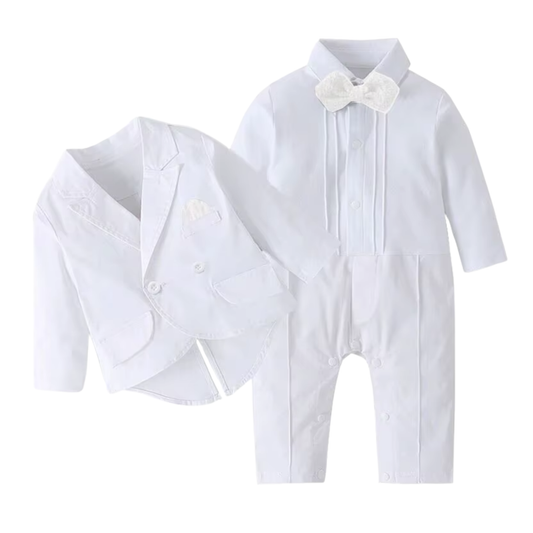 OkapiGlow Heirloom Baptism Romper Set – White Baby Formal Suit with Blazer (0–12 Months)