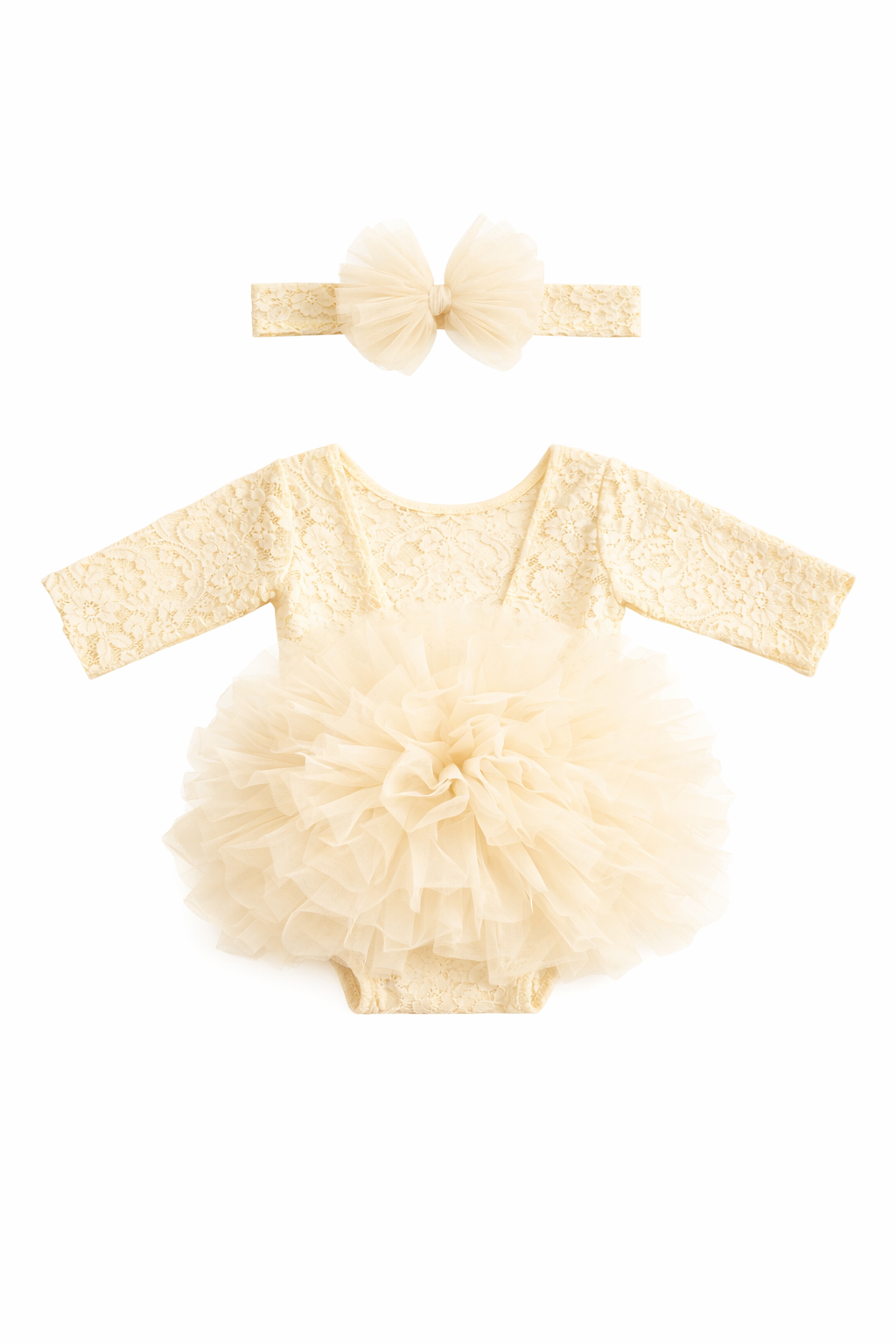 Luxe Lace Baby Tutu Romper Set – Long Sleeve Bodysuit with Matching Headband