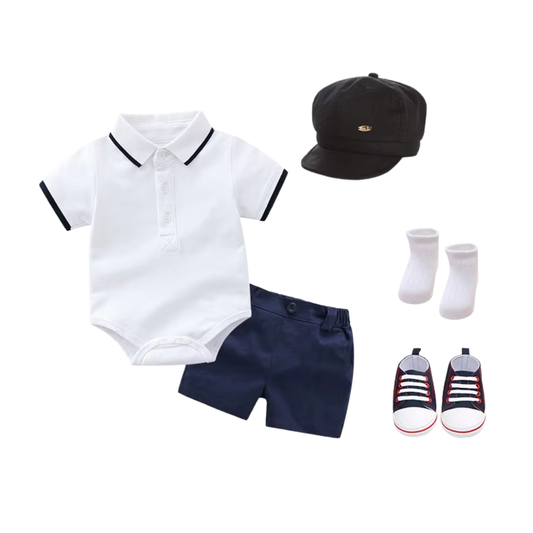 OkapiGlow Heritage Polo Romper Set – 5 Piece Classic Outfit
