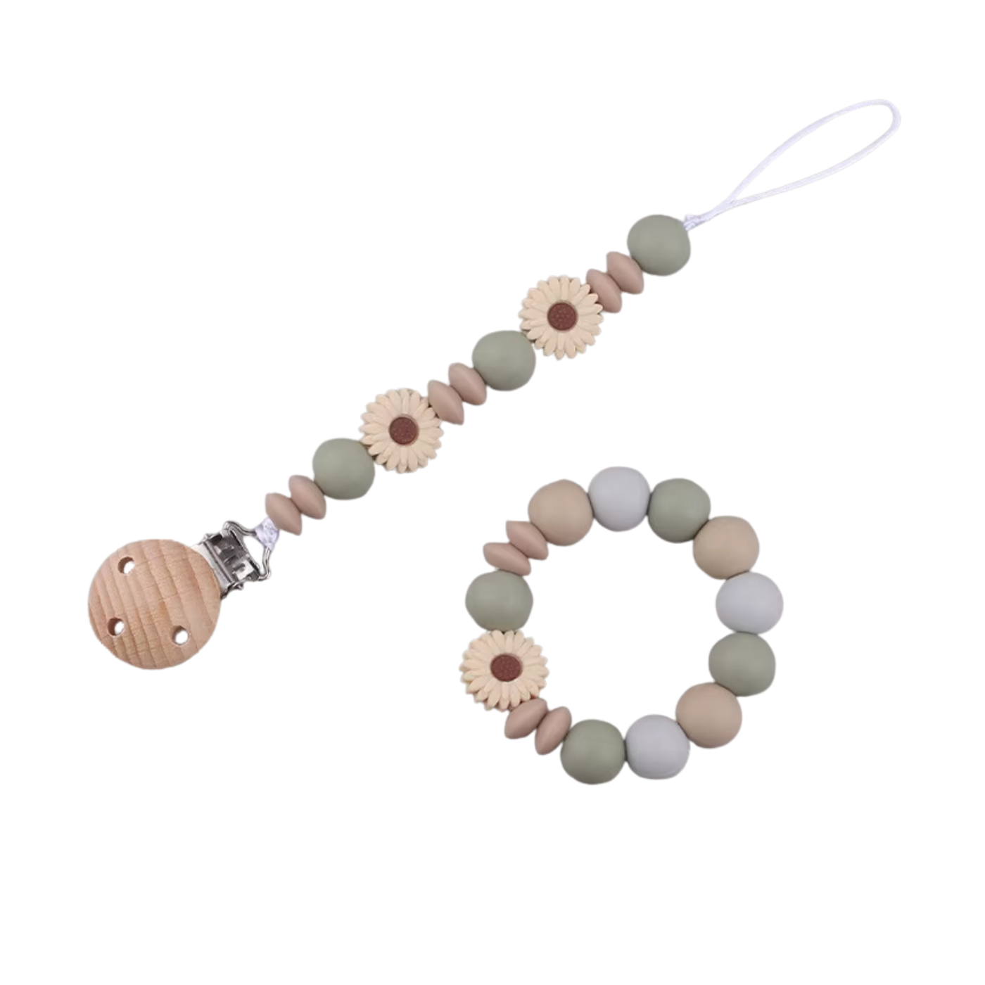 OkapiGlow™ BloomBead Pacifier Clip & Teether Set – Food-Grade Silicone & Beechwood