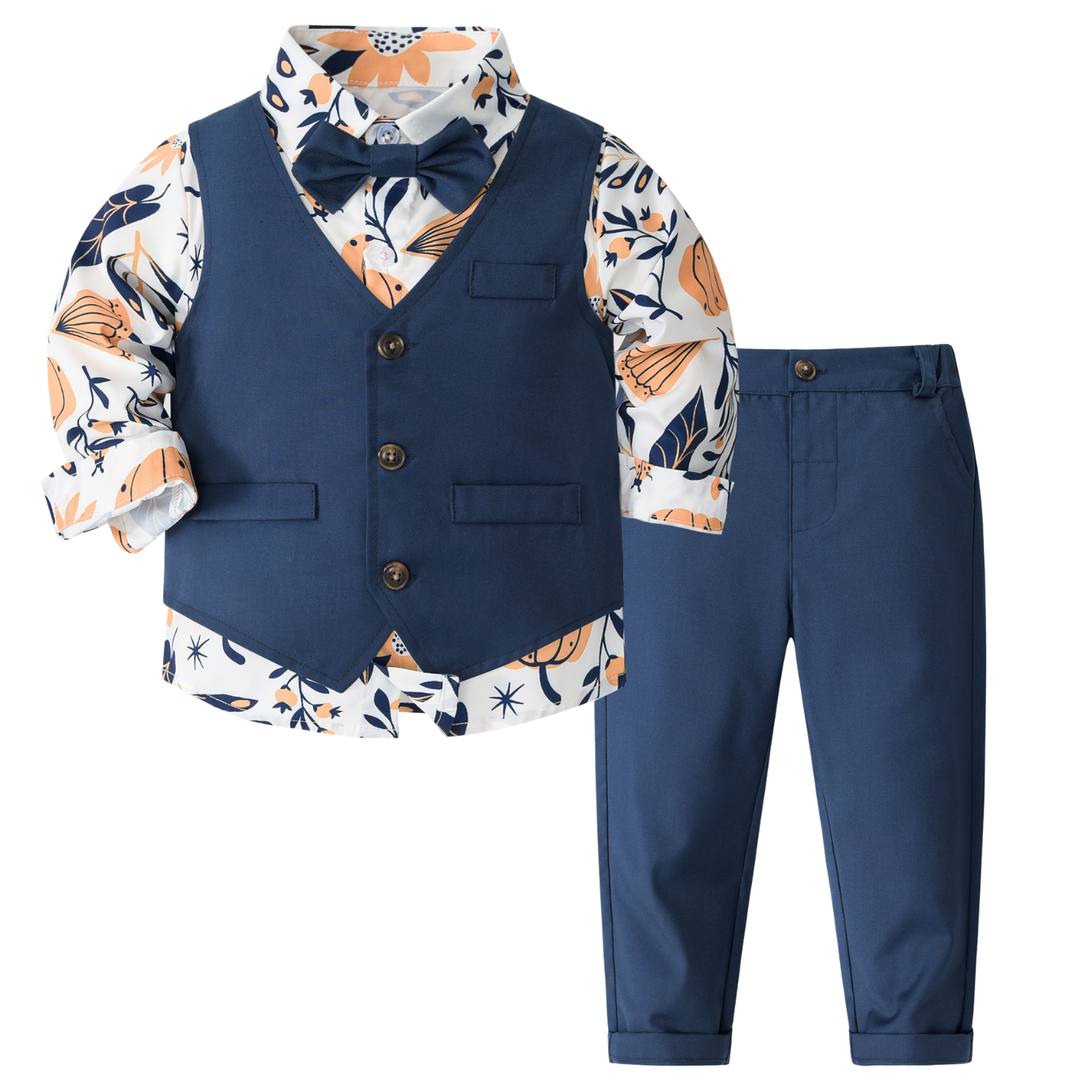 OkapiGlow Navy Bloom 3-Piece Gentleman Suit Set – Printed Shirt, Vest & Trousers (9M–4Y)