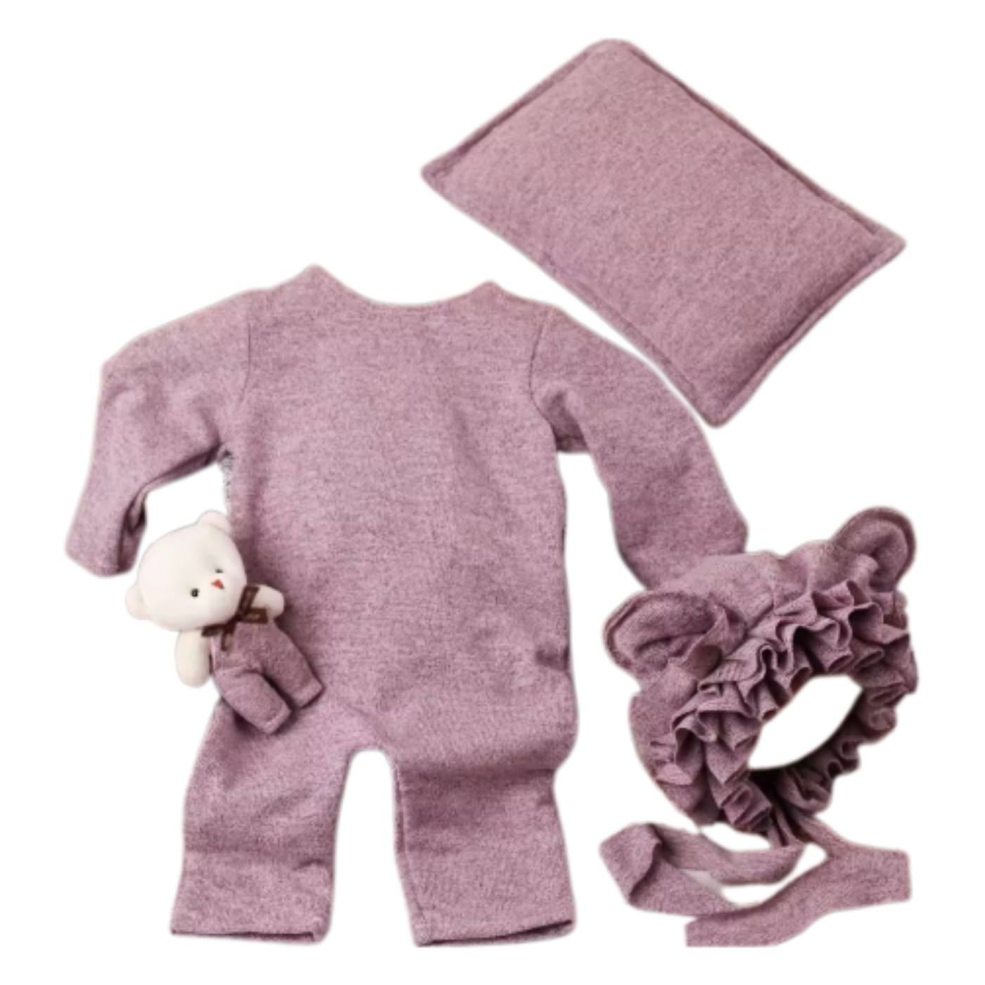 Newborn Photography Prop Set – Knit Romper, Bear Ear Bonnet, Pillow & Mini Teddy (4-Piece Set)