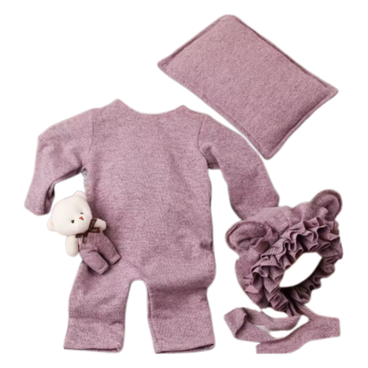 Newborn Photography Prop Set – Knit Romper, Bear Ear Bonnet, Pillow & Mini Teddy (4-Piece Set)