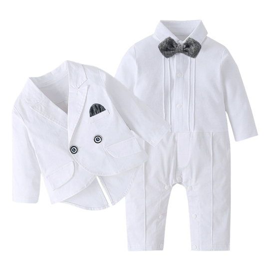 OkapiGlow Heirloom Baptism Romper Set – White Baby Formal Suit with Blazer (0–12 Months)