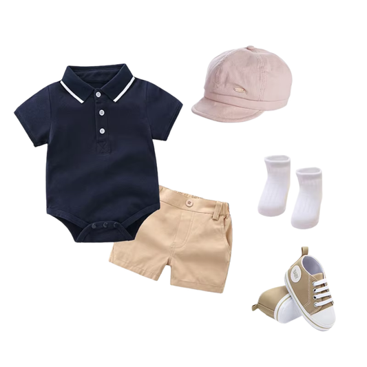 OkapiGlow Heritage Polo Romper Set – 5 Piece Classic Outfit