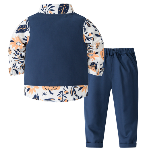 OkapiGlow Navy Bloom 3-Piece Gentleman Suit Set – Printed Shirt, Vest & Trousers (9M–4Y)