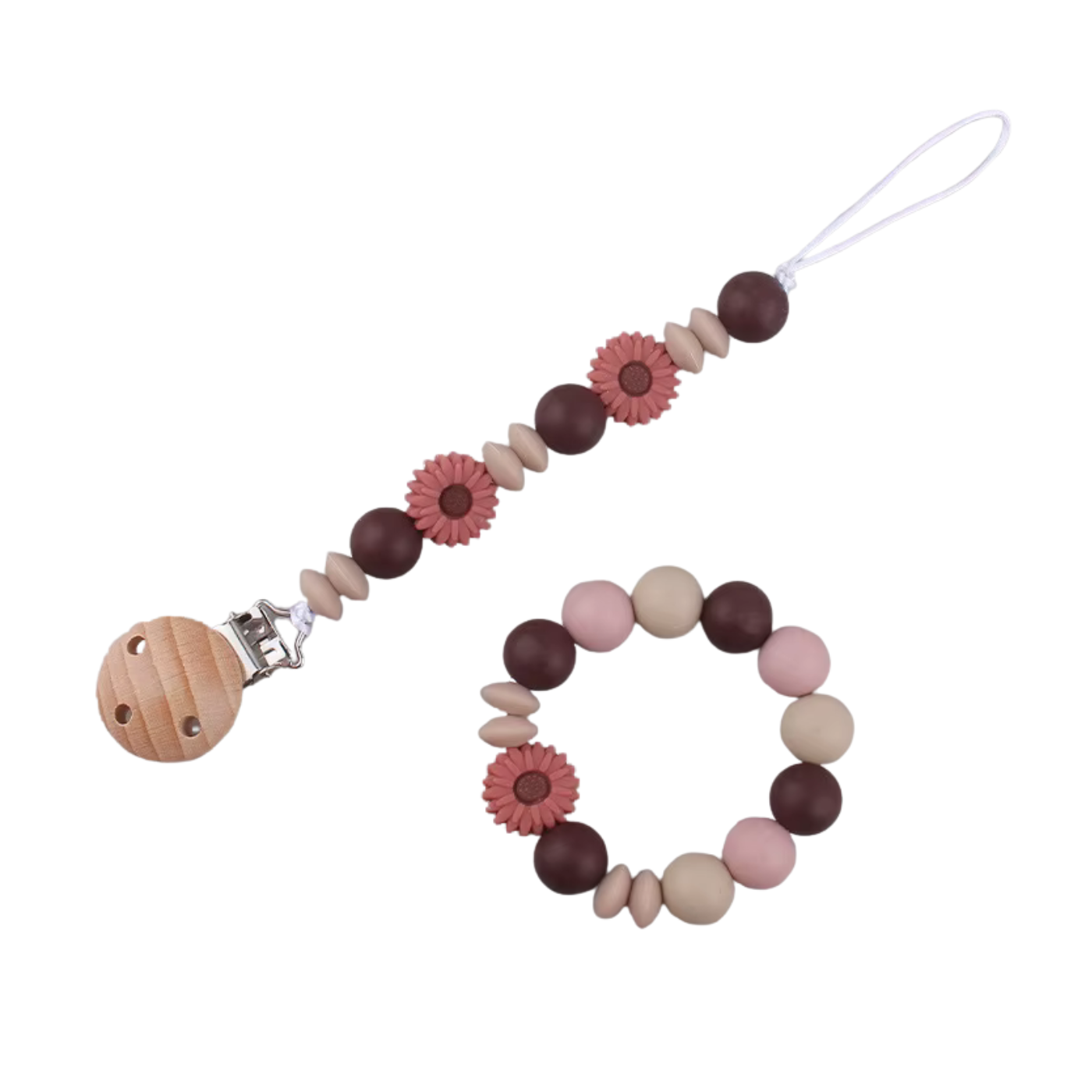 OkapiGlow™ BloomBead Pacifier Clip & Teether Set – Food-Grade Silicone & Beechwood