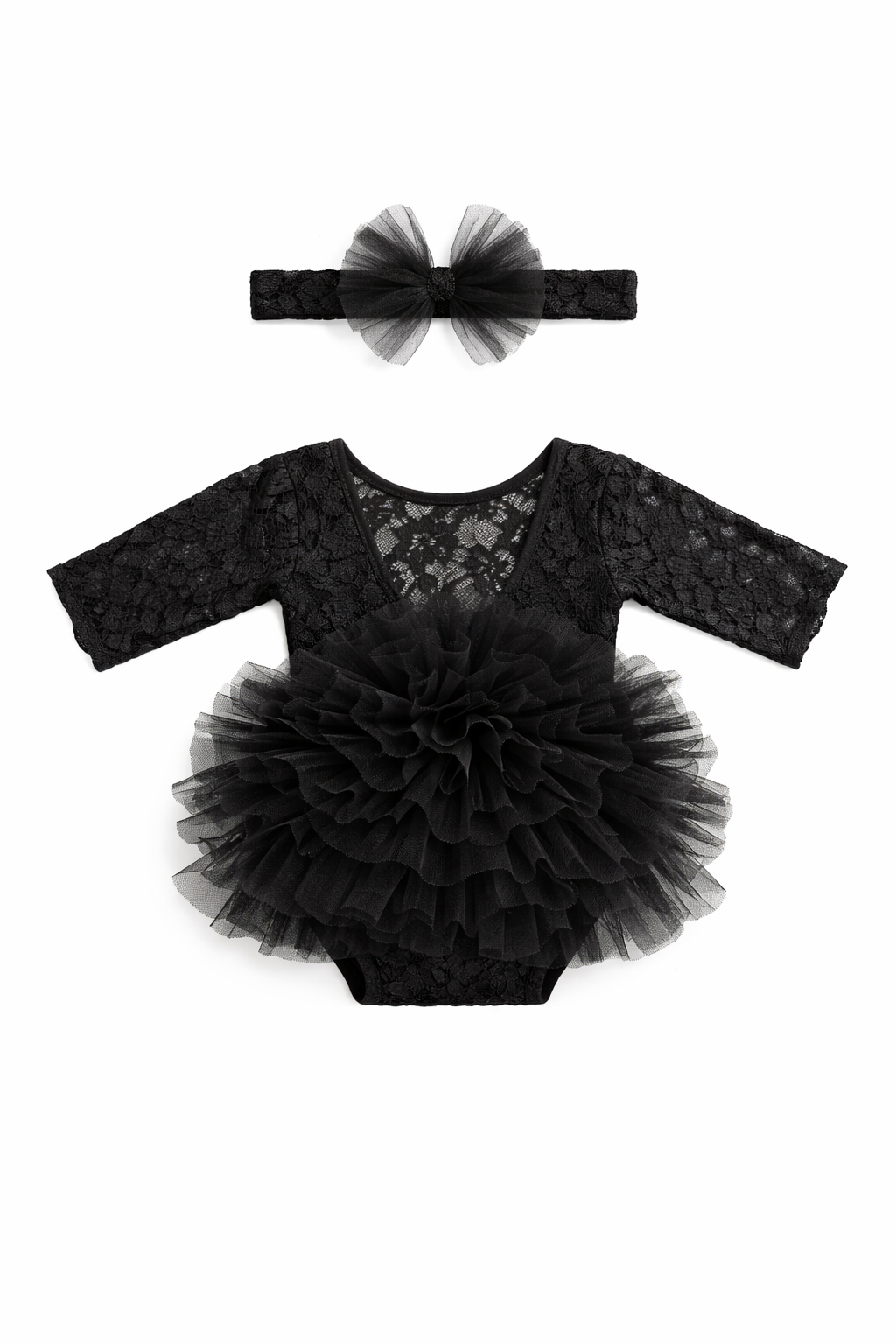 Luxe Lace Baby Tutu Romper Set – Long Sleeve Bodysuit with Matching Headband