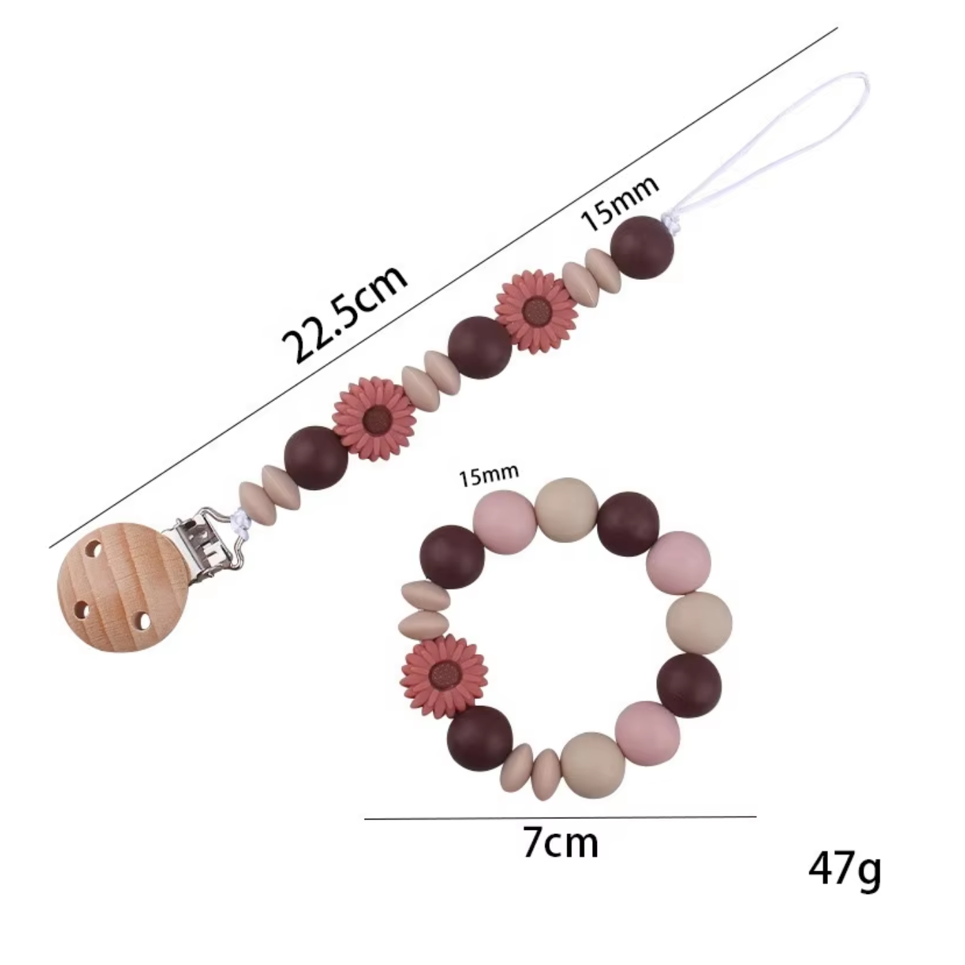 OkapiGlow™ BloomBead Pacifier Clip & Teether Set – Food-Grade Silicone & Beechwood