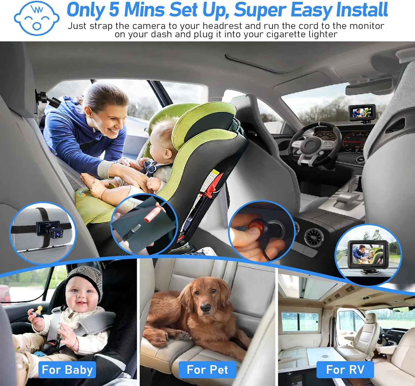 Monitor de bebé para coche: cámara de visión nocturna de 1080p