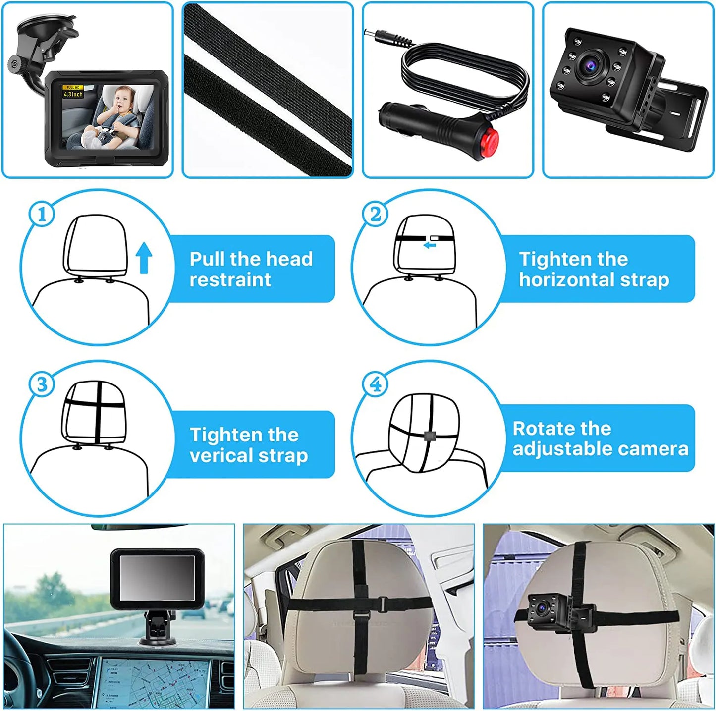 Monitor de bebé para coche: cámara de visión nocturna de 1080p