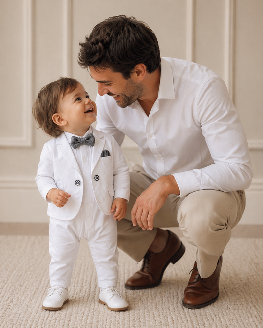 OkapiGlow Heirloom Baptism Romper Set – White Baby Formal Suit with Blazer (0–12 Months)