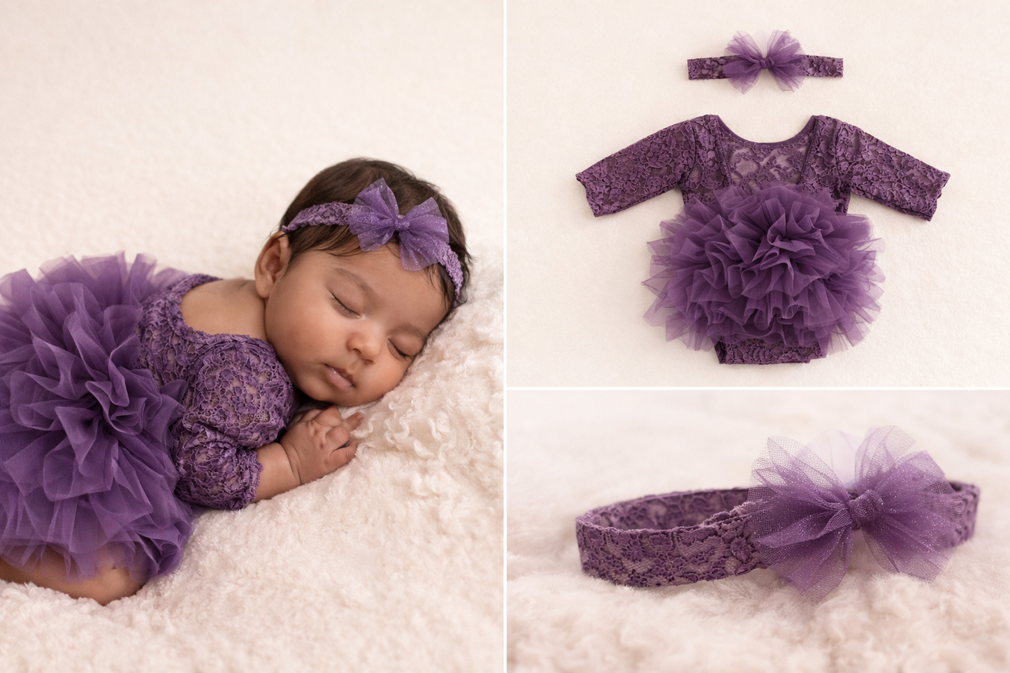 Luxe Lace Baby Tutu Romper Set – Long Sleeve Bodysuit with Matching Headband