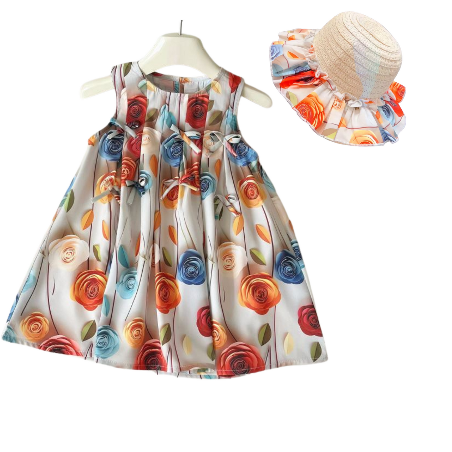 Girls Floral Summer Dress with Matching Sun Hat