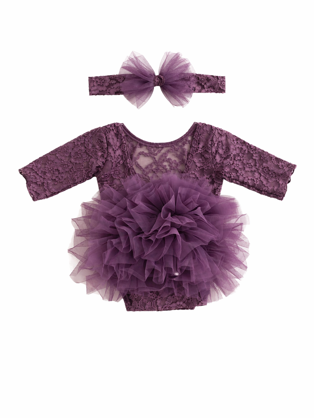 Luxe Lace Baby Tutu Romper Set – Long Sleeve Bodysuit with Matching Headband