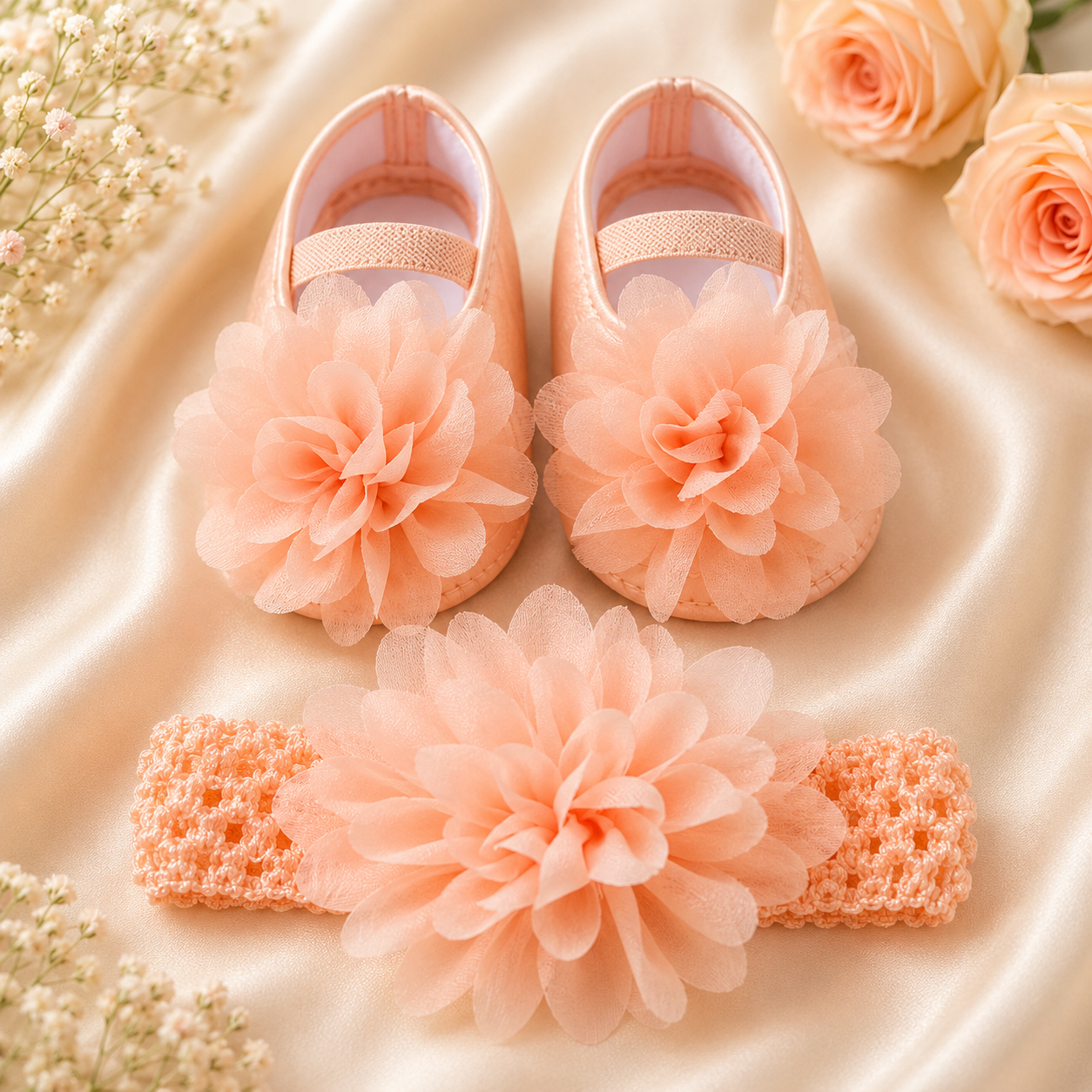 Pink baby shoes and headband with flowers on a satin surface surrounded by flowers.