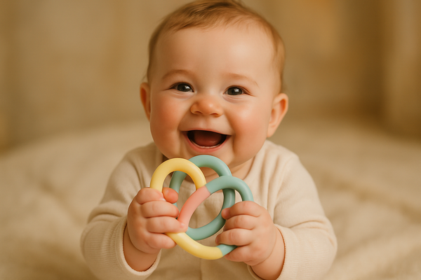 Baby holding a pastel-colored silicone teething toy, smiling.