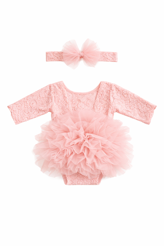 Luxe Lace Baby Tutu Romper Set – Long Sleeve Bodysuit with Matching Headband