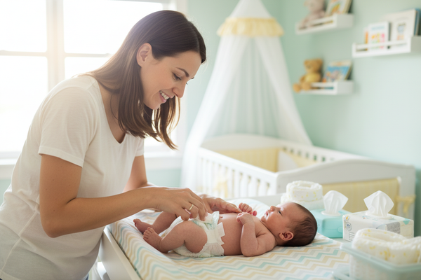 Mother wiping infant baby's bottom with wet wipes